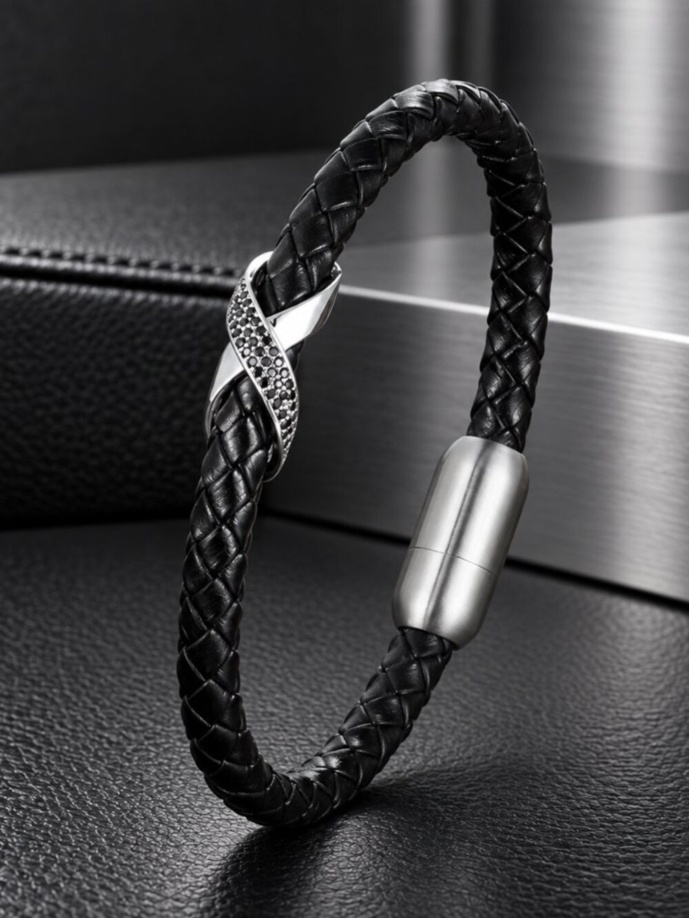 Black Braided Leather Bracelet with Black CZ Pavé Accent